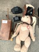 Charlie Bear; box of old keys; Petri camera; six-20 popular Brownie camera.