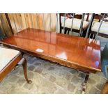 Reproduction mahogany coffee table, together with a piano stool.