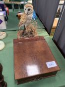 Mahogany writing box; copper long-handled warming pan; and a ceramic barn owl figure