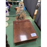 Mahogany writing box; copper long-handled warming pan; and a ceramic barn owl figure