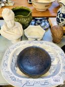 Assorted china, silver plate; a bust (as found), and a stone head.