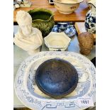 Assorted china, silver plate; a bust (as found), and a stone head.