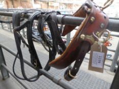 A vintage pony saddle pad and breeching in 2-tone brown leather with brass fittings