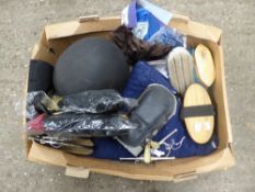 Box of assorted tack - skull cap, numnah, brushes, etc; some new