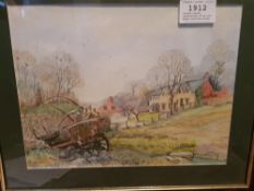 Framed signed watercolour of an old Wagon and Farmhouse, 30 x 41 cms