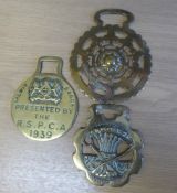 3 brasses - a wheat sheaf with fork and scythe and an RSPCA Merit Badge 1939