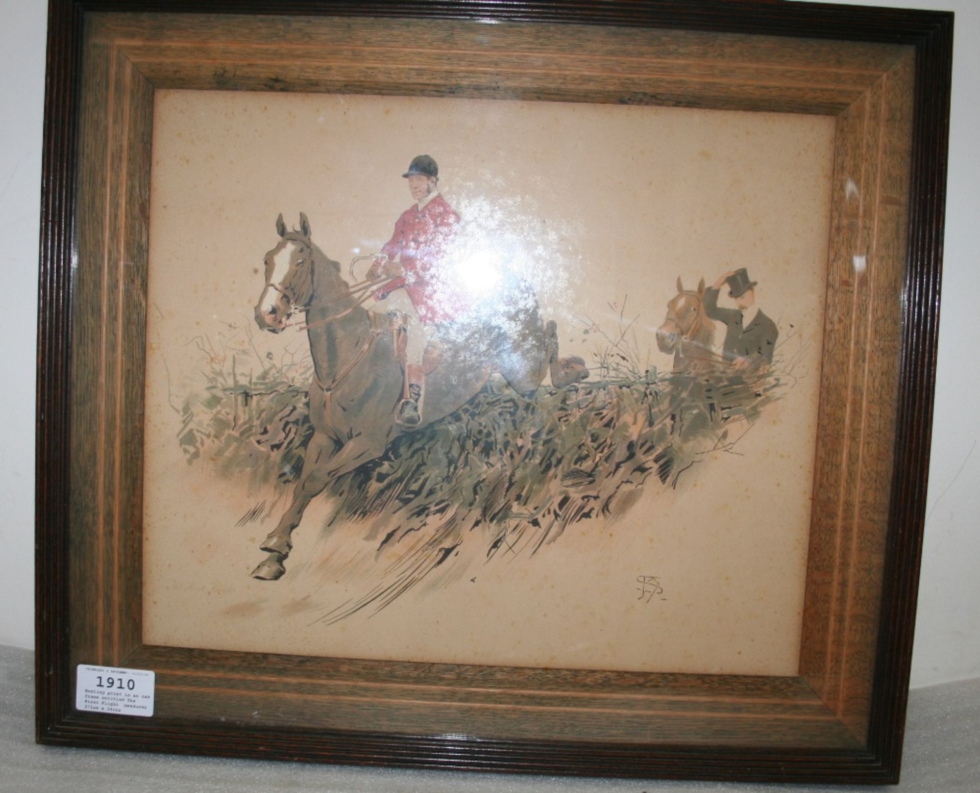 Hunting print in an oak frame entitled The First Flight, image measures 44 x 52 cms