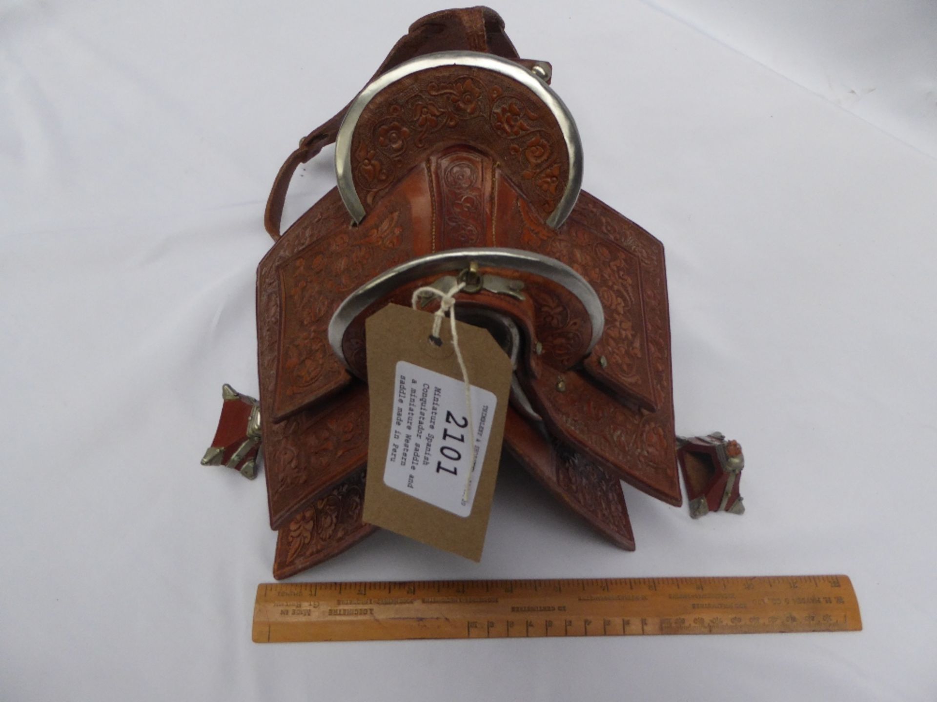 Miniature Spanish Conquistador saddle and a miniature Western saddle made in Peru - Image 9 of 12