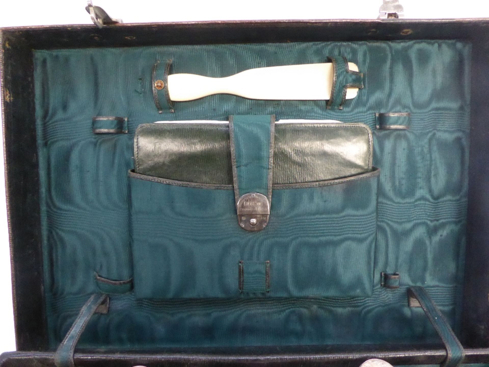 A Victorian brown leather vanity case with green fabric interior and contents - Image 2 of 13