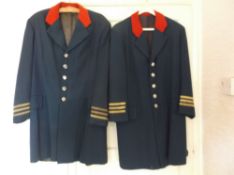 Pair of blue livery coats with red collars