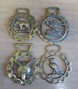3 cast brasses depicting 'Alice', a fox mask and a swan; and another, stamped, of an owl
