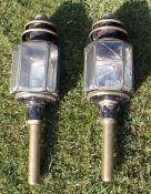 Pair of black carriage lamps with brass trim