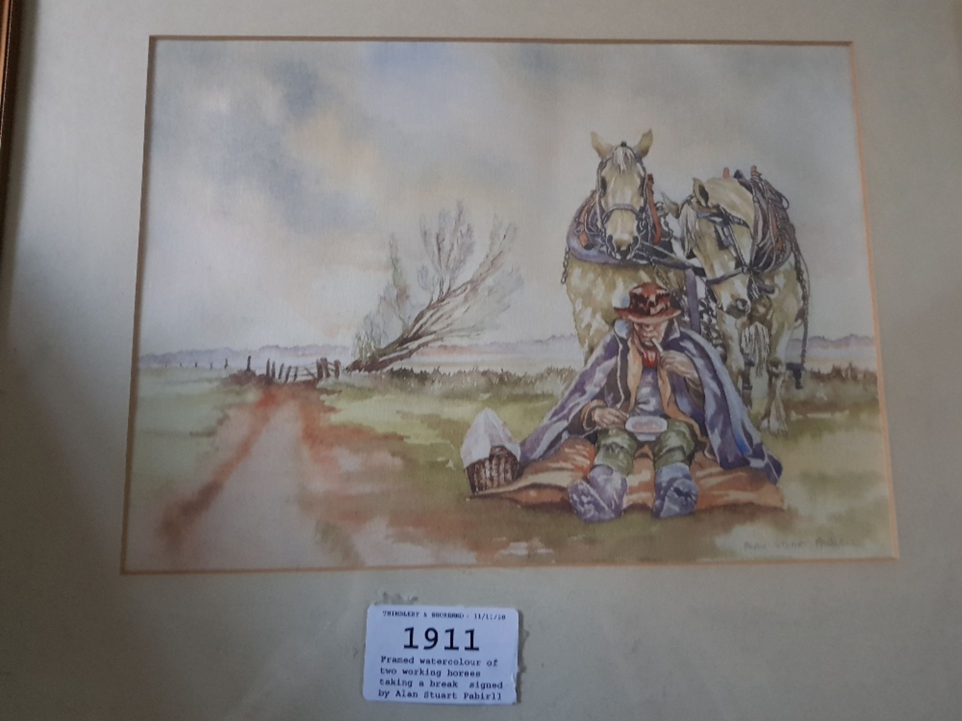 Framed watercolour of two working horses taking a break, signed by Alan Stuart Pabirll