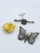 9ct gold leaf brooch together with two silver and marcasite brooches