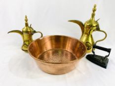 Copper preserving pan, two brass Middle Eastern pots, and a flat iron.