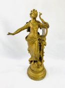 Large 19th Century French gilt spelter female harpist figure, signed Louis Moreau