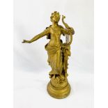 Large 19th Century French gilt spelter female harpist figure, signed Louis Moreau