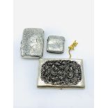 Silver cigarette case and vesta case; white metal card case; and a yellow metal cat brooch