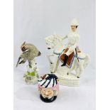 Continental china bird figurine; two-faced lidded character pot; flat back Duke of Connaught figure