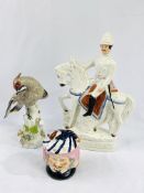 Continental china bird figurine; two-faced lidded character pot; flat back Duke of Connaught figure