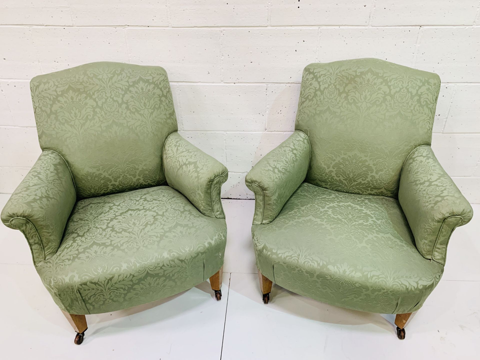 Pair of green upholstered arm chairs on ceramic casters. - Image 4 of 4