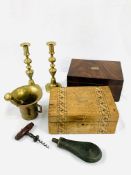 Pair of Victorian brass candlesticks; pestle and mortar; Victorian cork screw; 2 sewing boxes and a