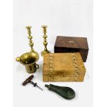 Pair of Victorian brass candlesticks; pestle and mortar; Victorian cork screw; 2 sewing boxes and a