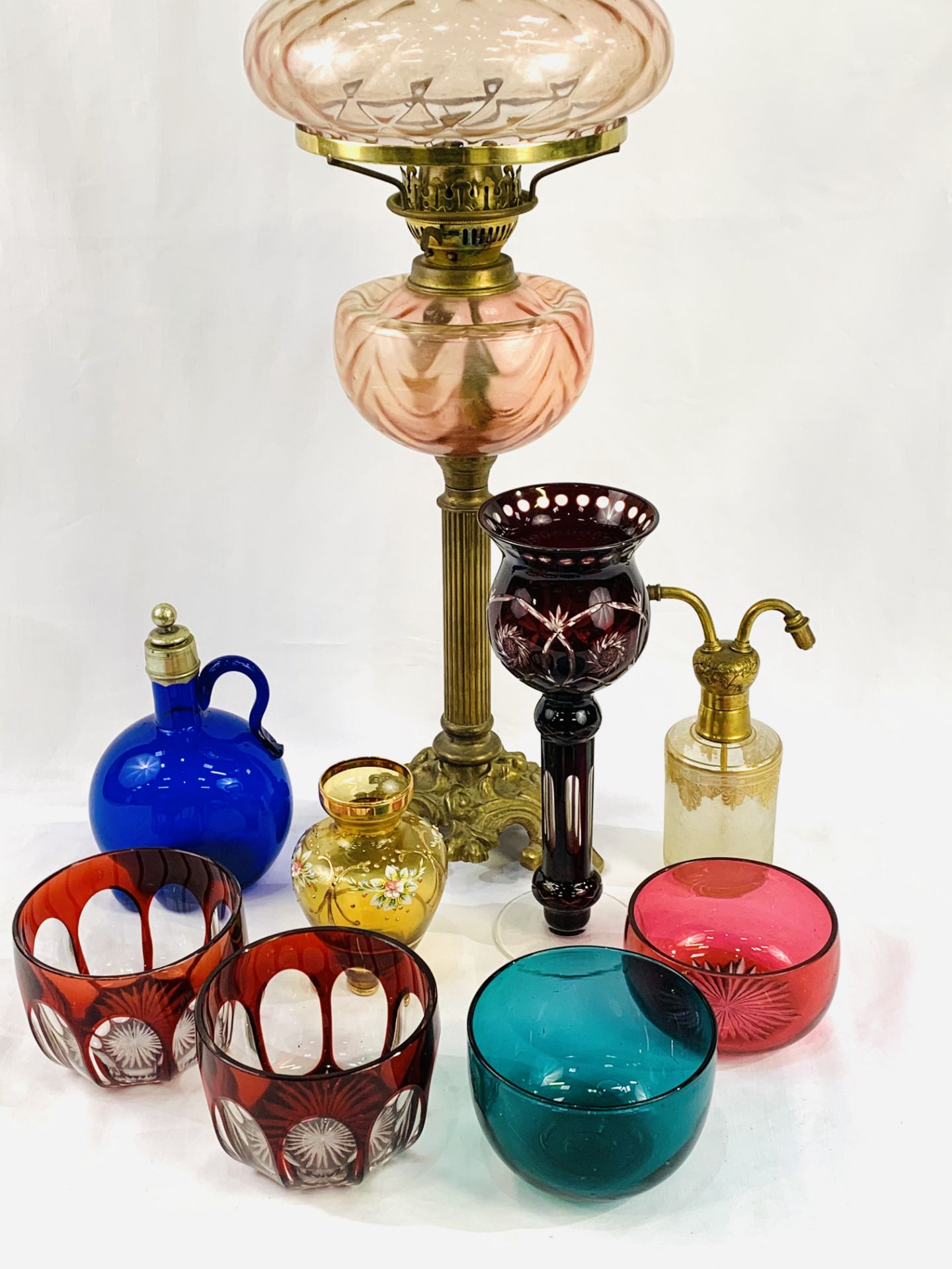 Brass oil lamp with pale pink shade; pair of ruby cut bowls and a glass; and other glass ware - Image 2 of 4