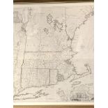 Framed and glazed print of a map of parts of New England dated 1765.