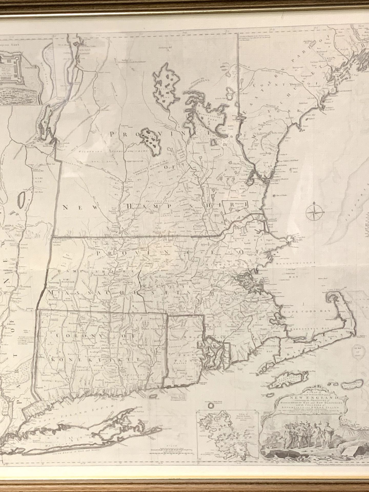 Framed and glazed print of a map of parts of New England dated 1765.