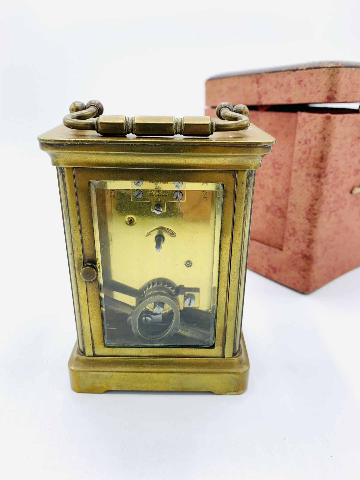 Brass case carriage clock marked ACCL, with original case, and key, going - Image 5 of 6