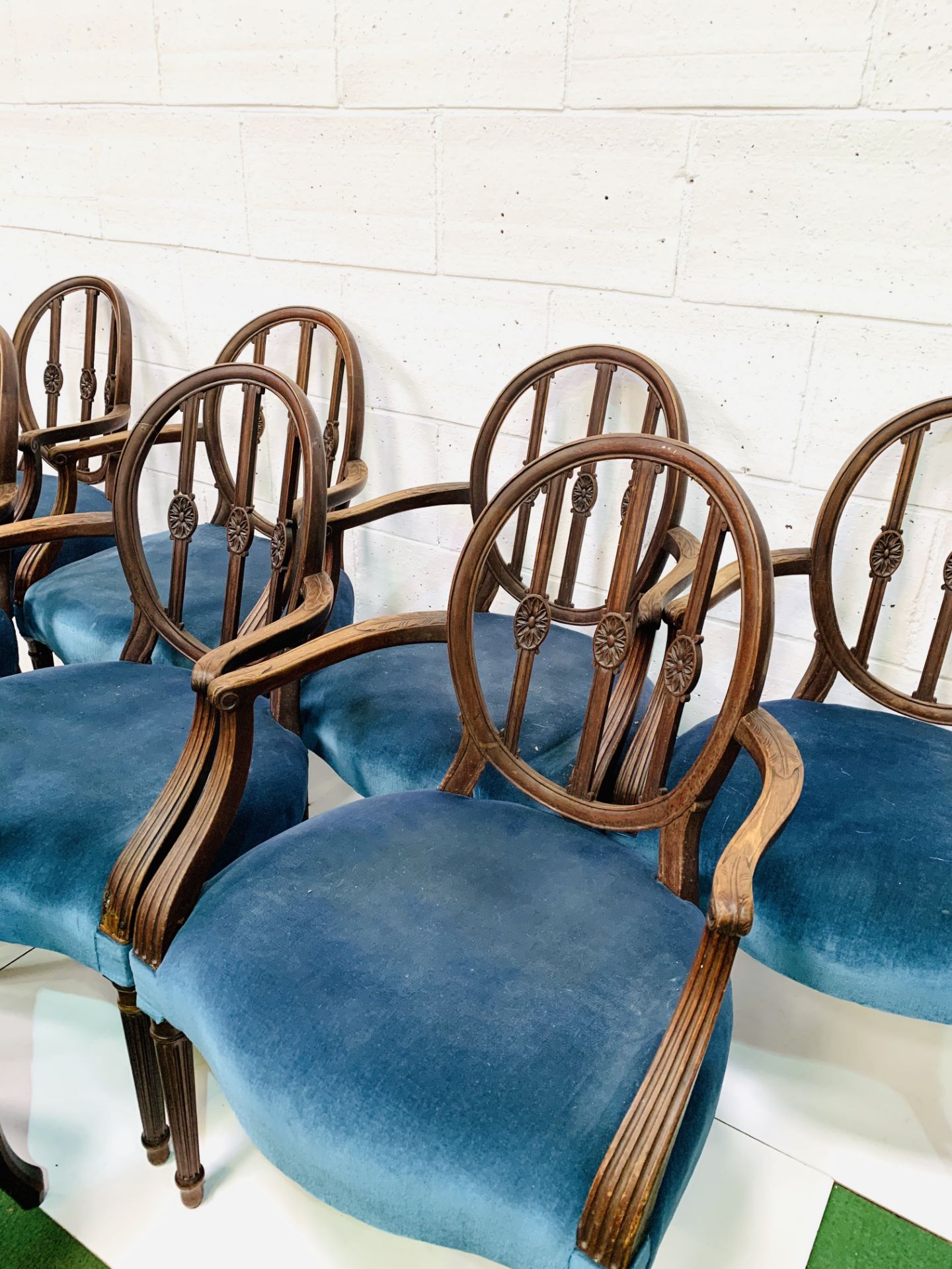 Set of eight mahogany Regency style open elbow chairs upholstered in petrol blue velvet. - Image 2 of 7