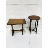 Oak pegged low table with stretcher, together with a mahogany circular display table.