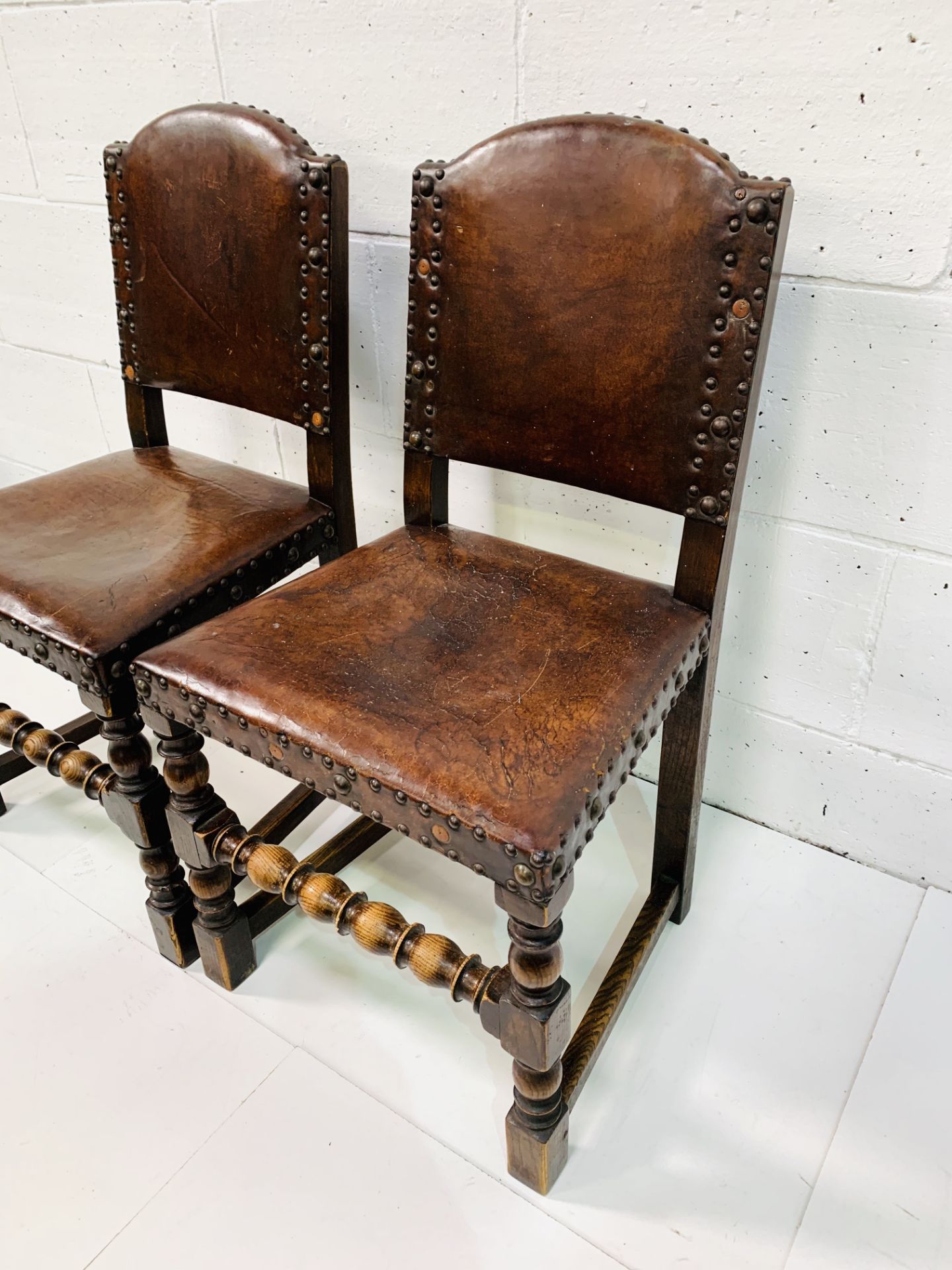 Two studded leather and oak hall chairs. - Image 2 of 4