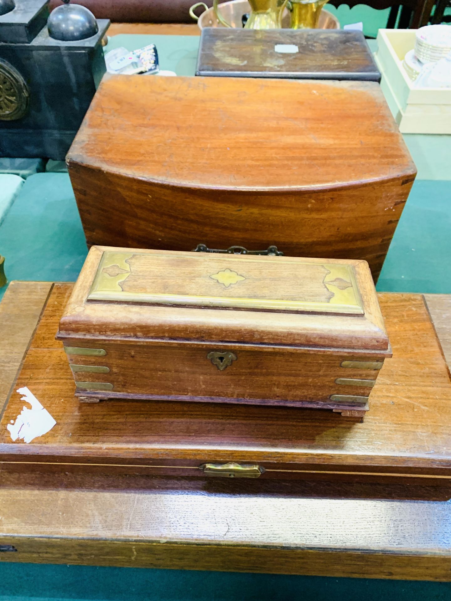 Mahogany side hinging box with brass handle and partially fitted interior, together with other boxes - Image 3 of 5