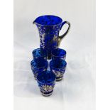 19th Century silvered blue glass jug and beaker set.