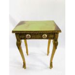 Reproduction French Baroque gilt wood & faux marble wine table, with several Limoges style plaques.
