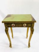 Reproduction French Baroque gilt wood & faux marble wine table, with several Limoges style plaques.