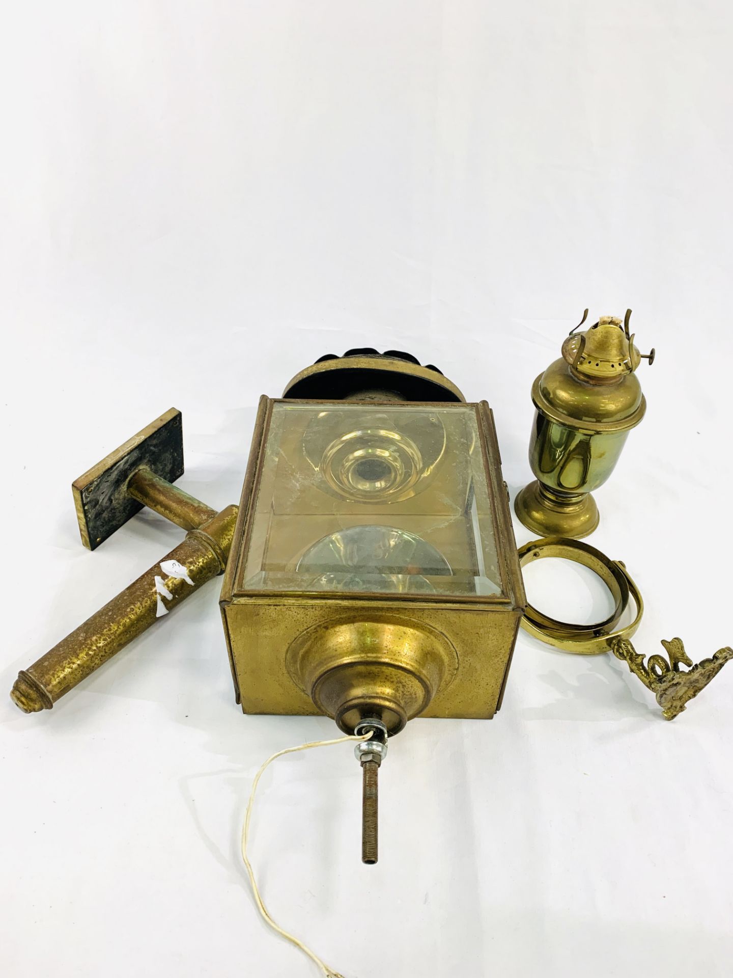 Large brass carriage lamp converted to electric, together with other brass ware - Image 2 of 2