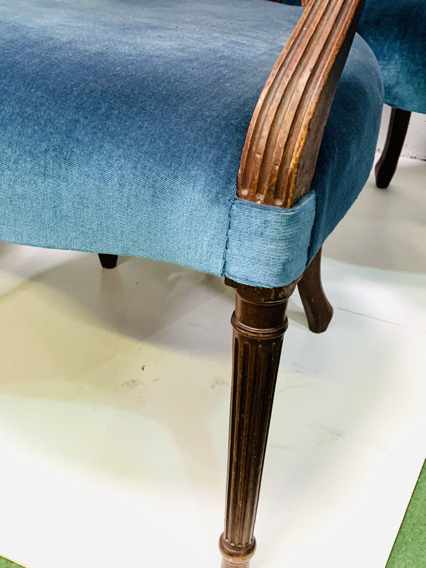 Set of eight mahogany Regency style open elbow chairs upholstered in petrol blue velvet. - Image 7 of 7