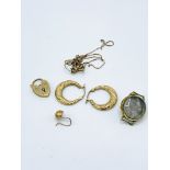 9ct gold earrings; padlock; chain and watch case with 9ct gold charm