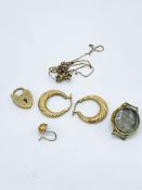 9ct gold earrings; padlock; chain and watch case with 9ct gold charm