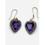 Edwardian amethyst and diamond heart-shaped earrings. Wt 9.5g. Length of amethyst 14.8mm.