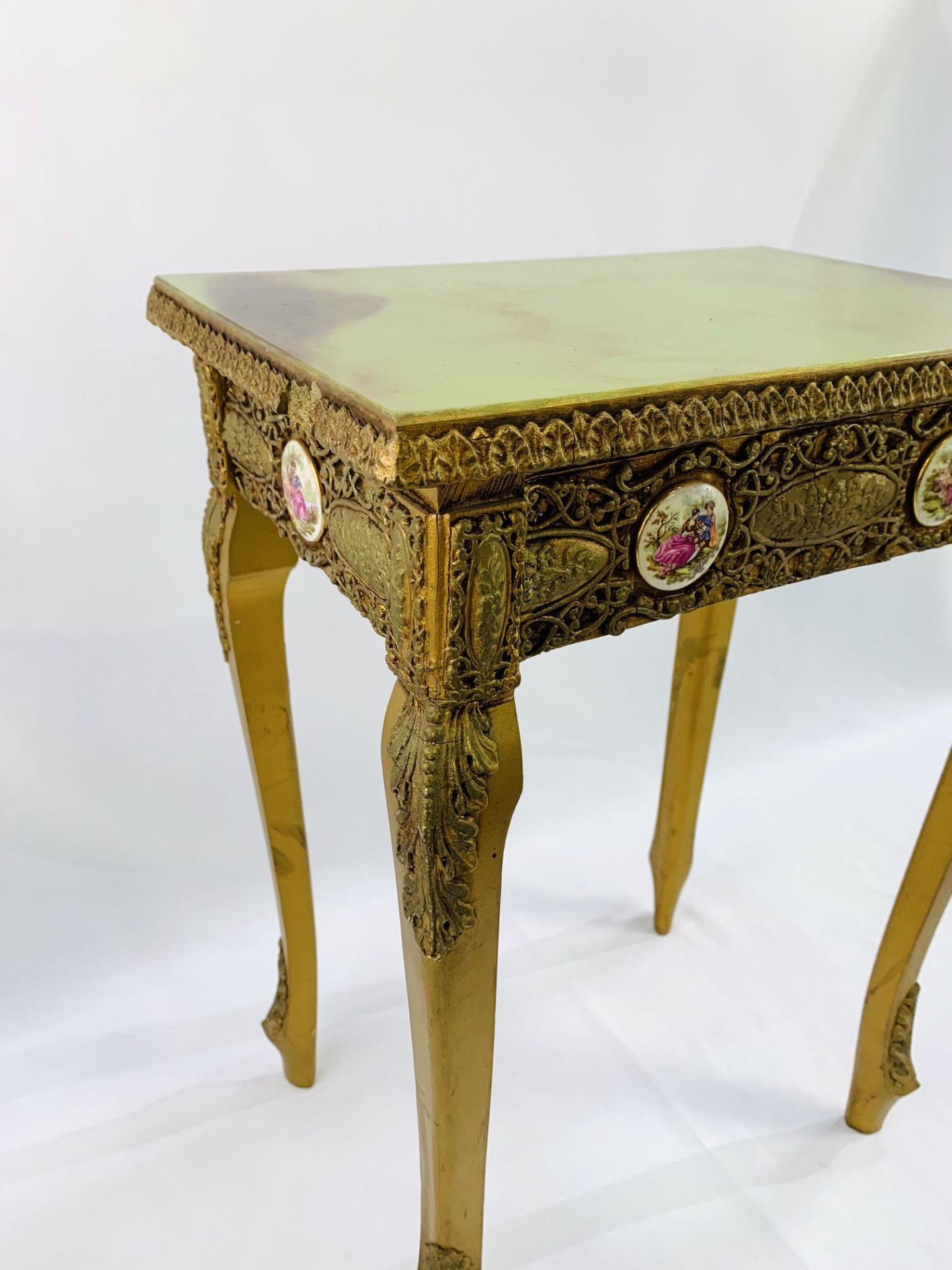 Reproduction French Baroque gilt wood & faux marble wine table, with several Limoges style plaques. - Image 4 of 5