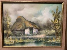 Oil on canvas Thatched Cottage scene, image 38 x 29 cms, signed Antonia