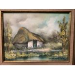 Oil on canvas Thatched Cottage scene, image 38 x 29 cms, signed Antonia