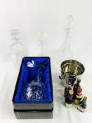 Cut glass decanter, silver plated ice bucket with five alcohol minatures; and 3 other decanters.