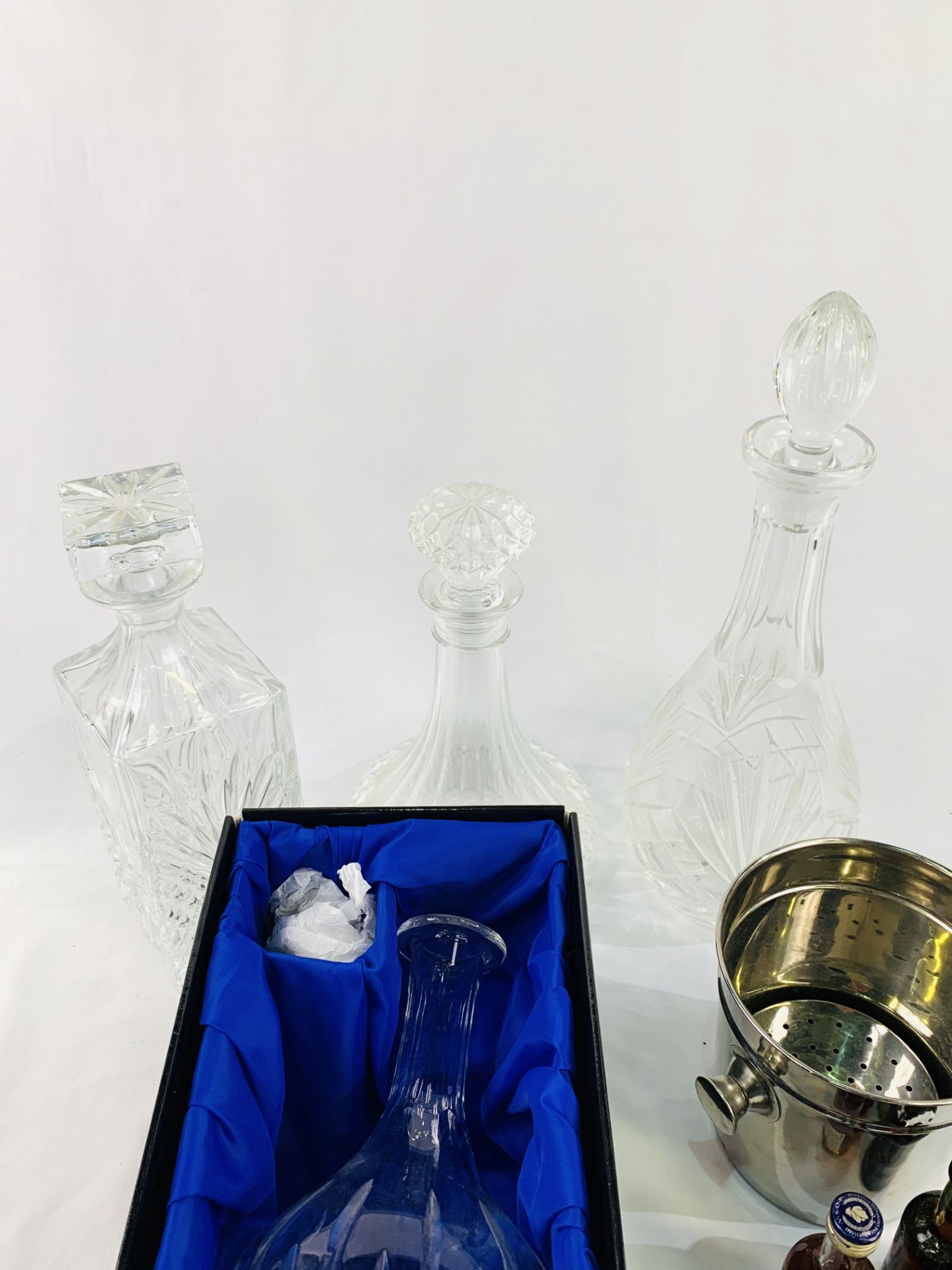 Cut glass decanter, silver plated ice bucket with five alcohol minatures; and 3 other decanters. - Image 2 of 3