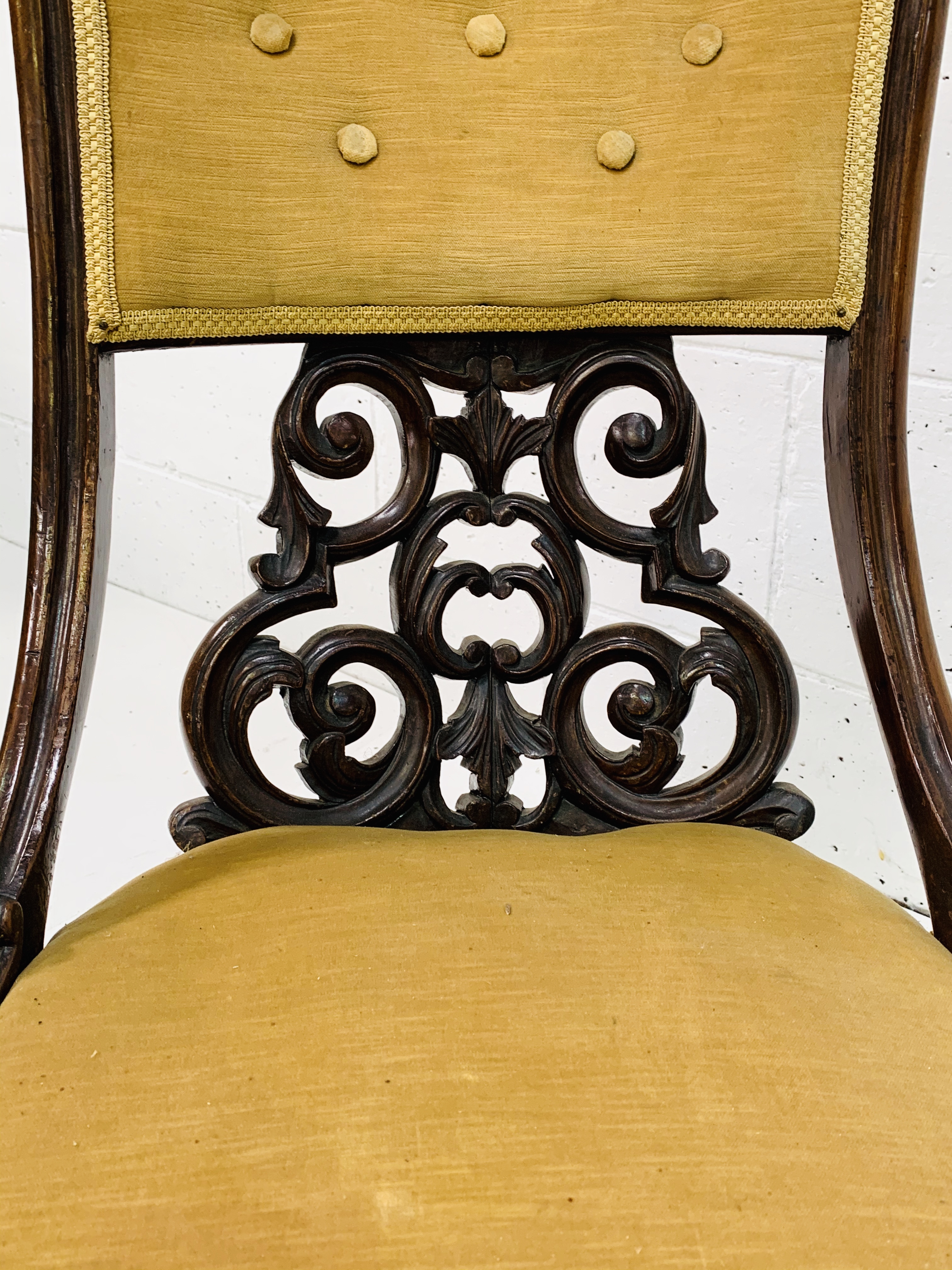 Ornately decorated mahogany framed drawing room chair with buttoned back mustard upholstrey. - Image 2 of 5