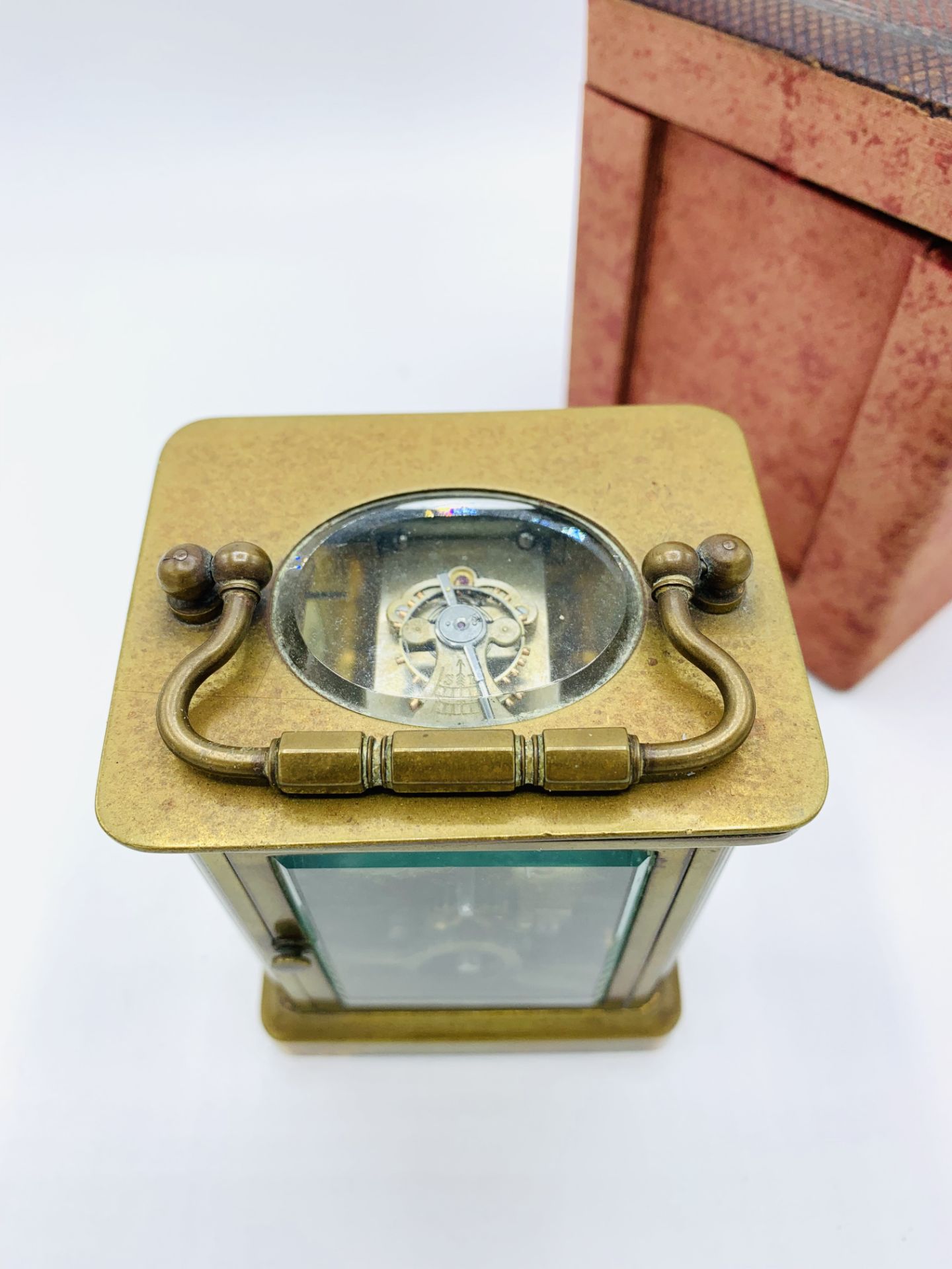 Brass case carriage clock marked ACCL, with original case, and key, going - Image 6 of 6